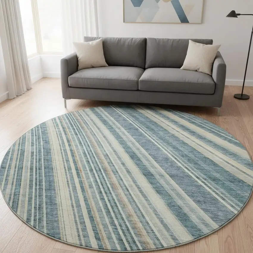 8' Sky Blue Tan And Beige Striped Washable Round Rug With UV Protection Photo 2