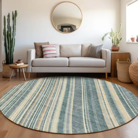 8' Sky Blue Tan And Beige Striped Washable Round Rug With UV Protection Photo 4