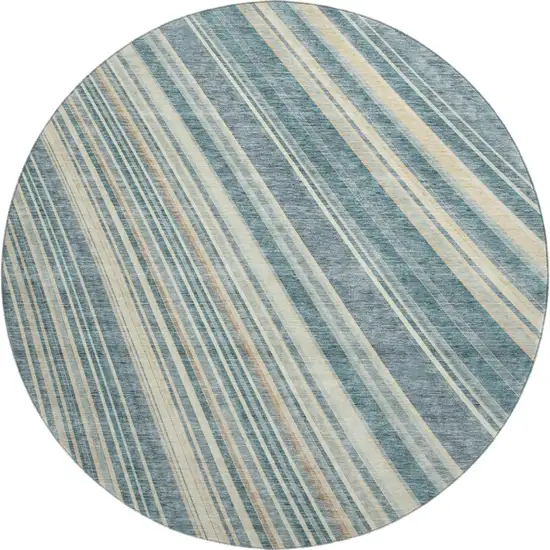 8' Sky Blue Tan And Beige Striped Washable Round Rug With UV Protection Photo 1