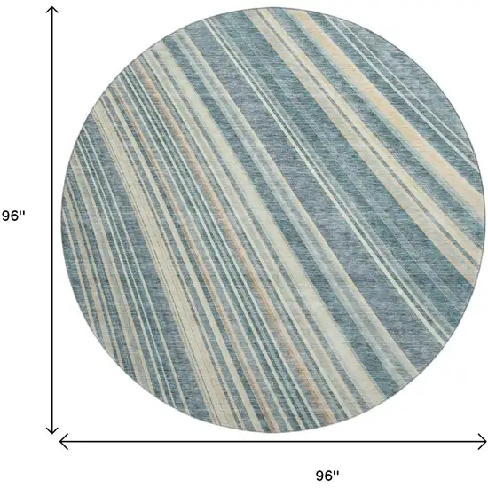 8' Sky Blue Tan And Beige Striped Washable Round Rug With UV Protection Photo 9