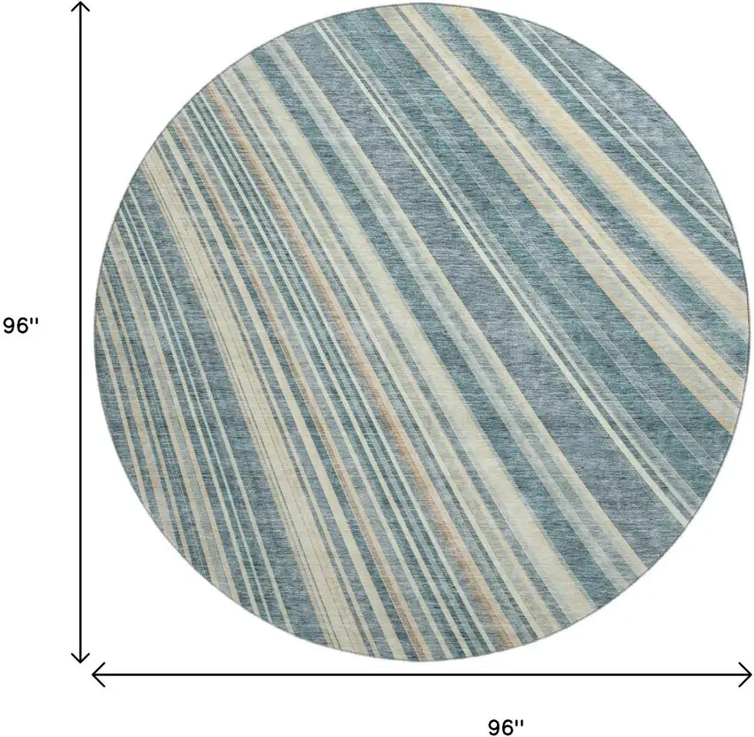8' Sky Blue Tan And Beige Striped Washable Round Rug With UV Protection Photo 9