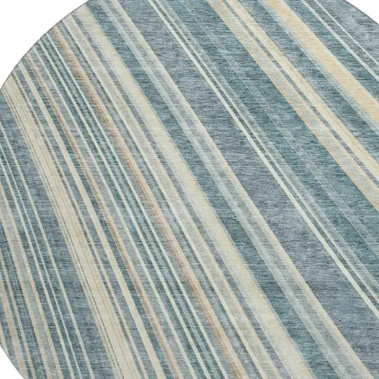 8' Sky Blue Tan And Beige Striped Washable Round Rug With UV Protection Photo 2