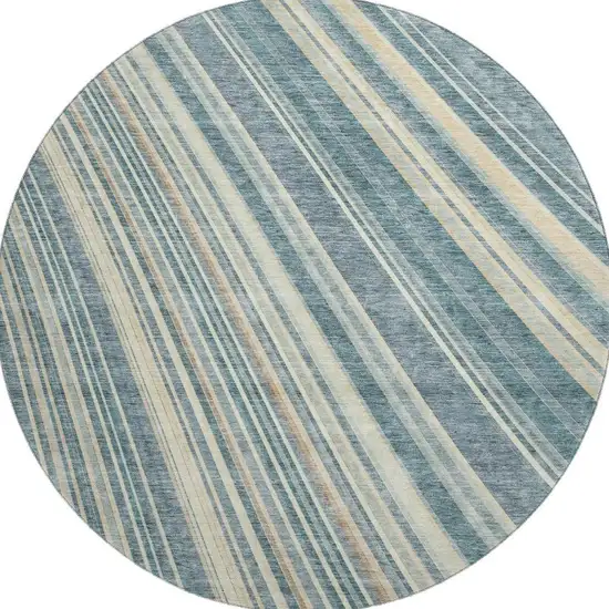 8' Sky Blue Tan And Beige Striped Washable Round Rug With UV Protection Photo 3