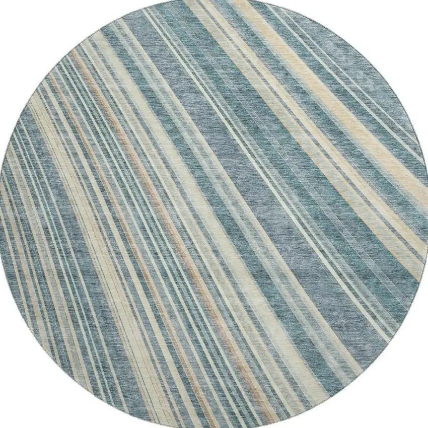 8' Sky Blue Tan And Beige Striped Washable Round Rug With UV Protection Photo 3