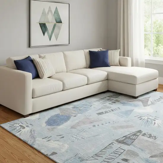 8' Sky Blue Taupe And Ivory Geometric Washable Area Rug With UV Protection Photo 2