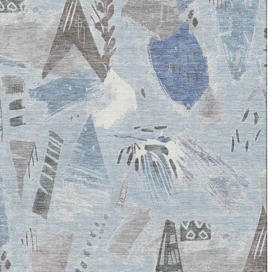 8' Sky Blue Taupe And Ivory Geometric Washable Area Rug With UV Protection Photo 2