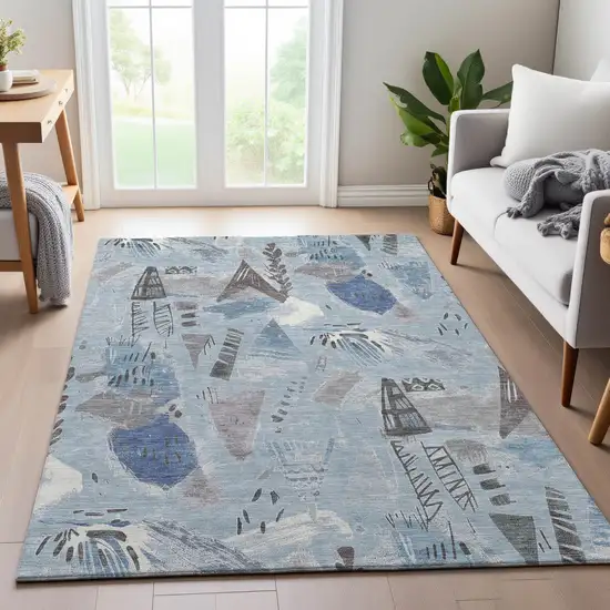 8' Sky Blue Taupe And Ivory Geometric Washable Area Rug With UV Protection Photo 5