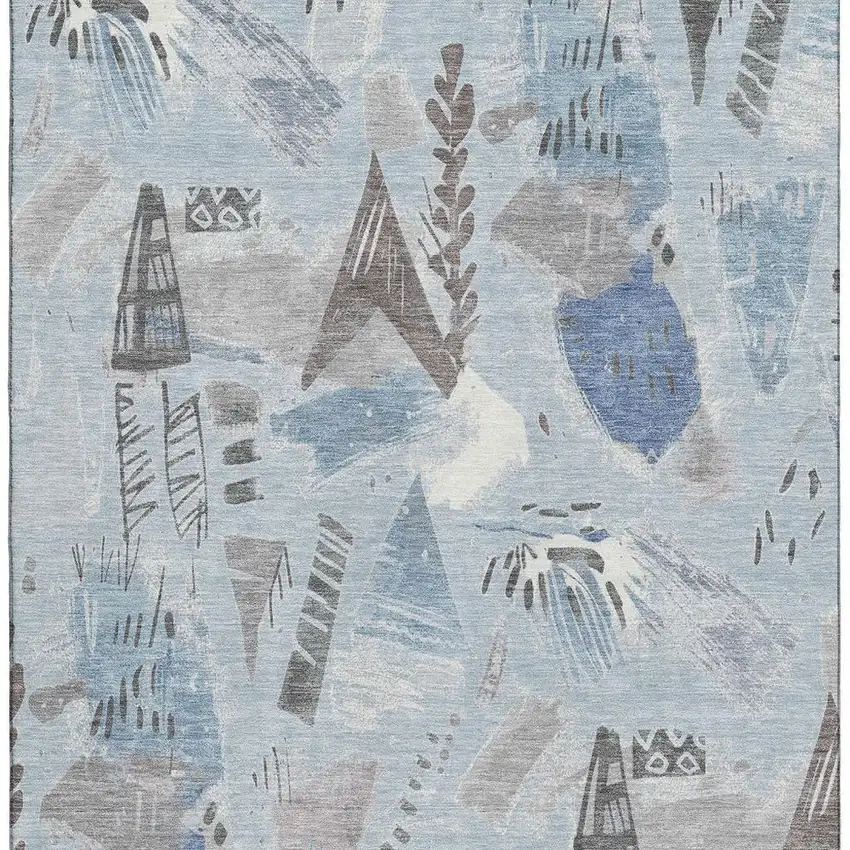 8' Sky Blue Taupe And Ivory Geometric Washable Area Rug With UV Protection Photo 3