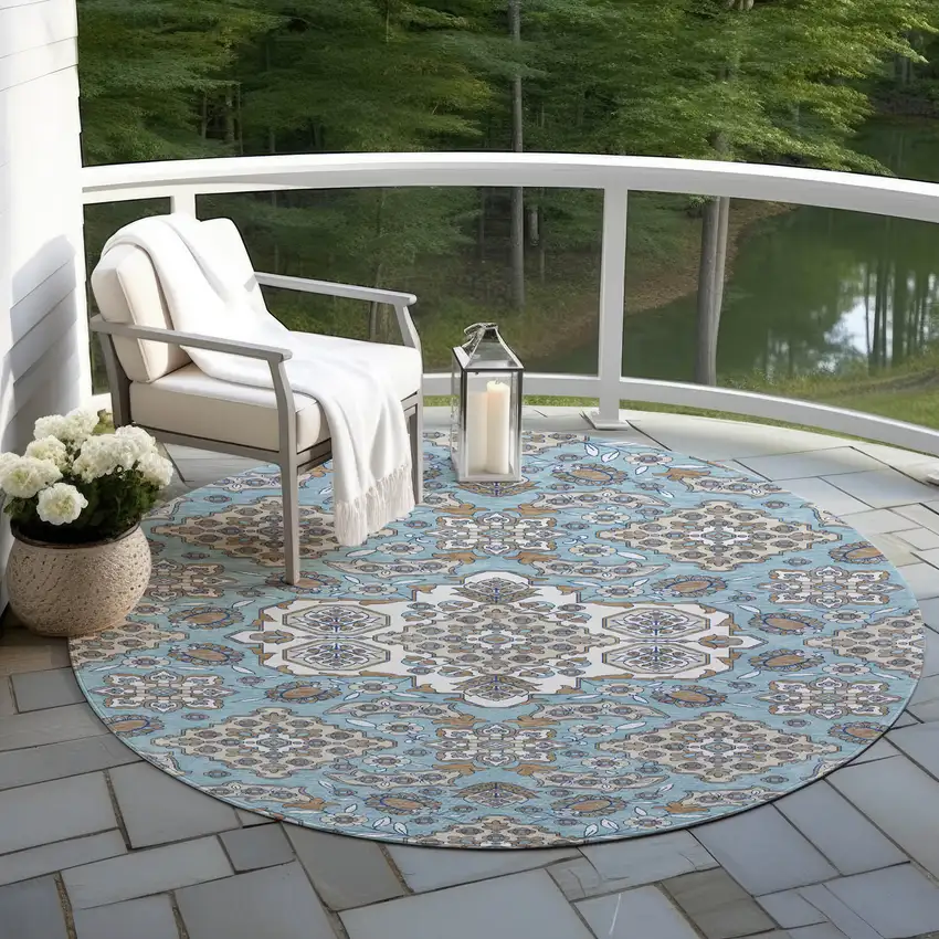 8' Sky Blue Taupe And Ivory Round Medallion Washable Indoor Outdoor Area Rug Photo 5