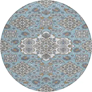 Photo of 8' Sky Blue Taupe And Ivory Round Medallion Washable Indoor Outdoor Area Rug