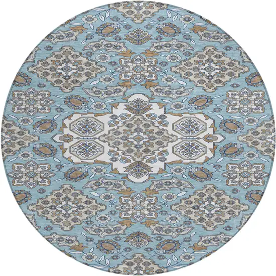 8' Sky Blue Taupe And Ivory Round Medallion Washable Indoor Outdoor Area Rug Photo 1