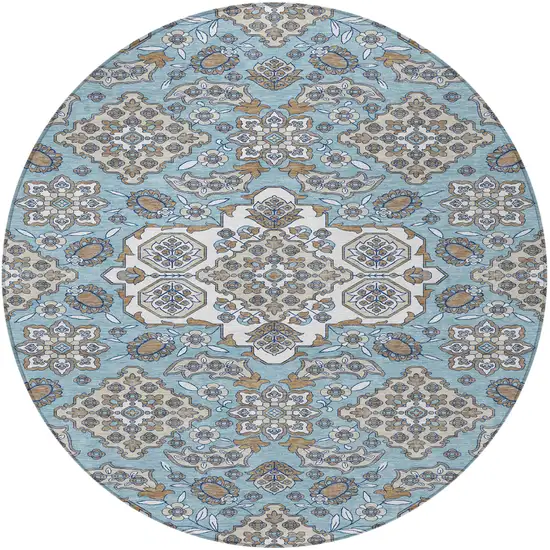 8' Sky Blue Taupe And Ivory Round Medallion Washable Indoor Outdoor Area Rug Photo 3
