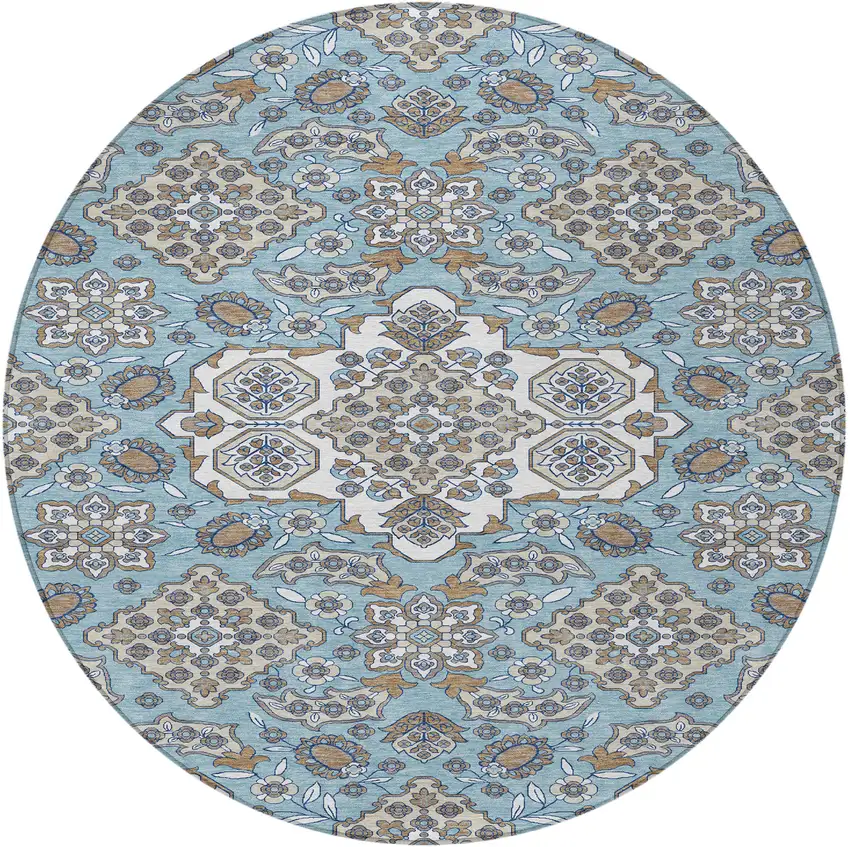 8' Sky Blue Taupe And Ivory Round Medallion Washable Indoor Outdoor Area Rug Photo 3