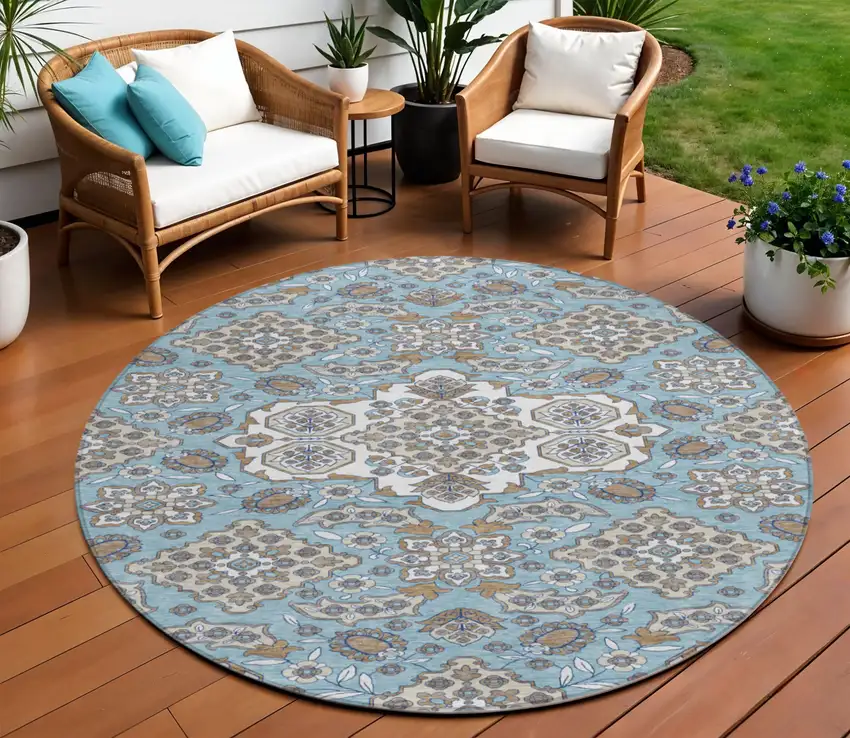 8' Sky Blue Taupe And Ivory Round Medallion Washable Indoor Outdoor Area Rug Photo 2
