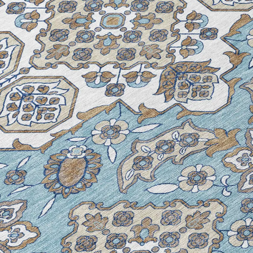 8' Sky Blue Taupe And Ivory Round Medallion Washable Indoor Outdoor Area Rug Photo 8