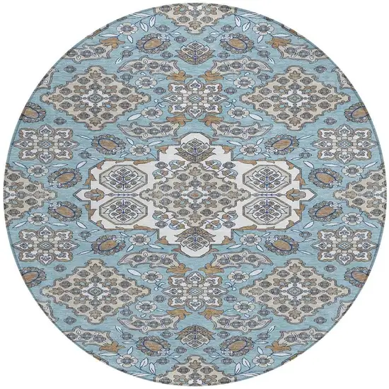 8' Sky Blue Taupe And Ivory Round Medallion Washable Indoor Outdoor Area Rug Photo 4
