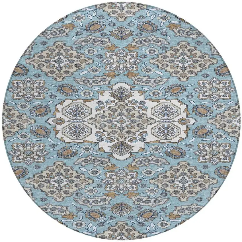 8' Sky Blue Taupe And Ivory Round Medallion Washable Indoor Outdoor Area Rug Photo 4