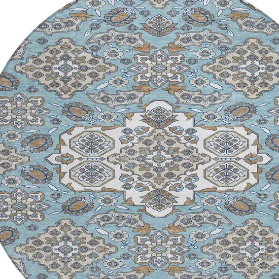 8' Sky Blue Taupe And Ivory Round Medallion Washable Indoor Outdoor Area Rug Photo 9