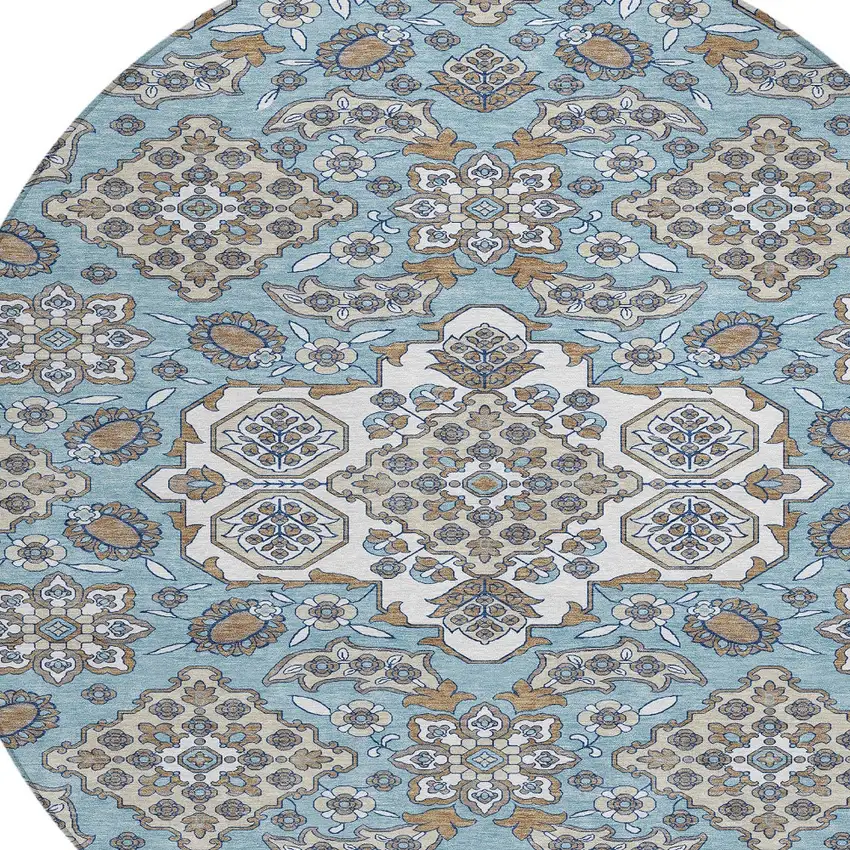 8' Sky Blue Taupe And Ivory Round Medallion Washable Indoor Outdoor Area Rug Photo 9