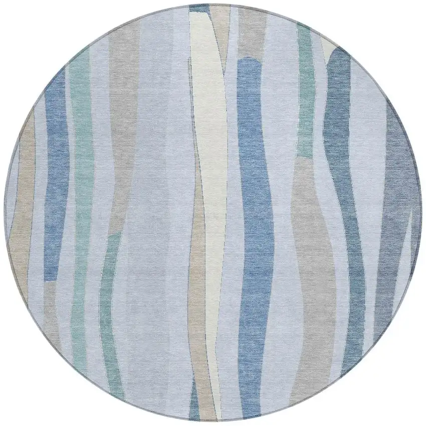 8' Sky Blue Taupe And Ivory Round Striped Washable Indoor Outdoor Area Rug Photo 3