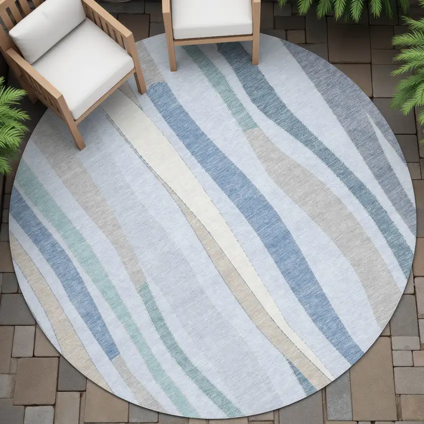 8' Sky Blue Taupe And Ivory Round Striped Washable Indoor Outdoor Area Rug Photo 6