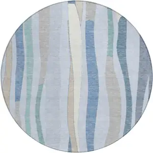 Photo of 8' Sky Blue Taupe And Ivory Round Striped Washable Indoor Outdoor Area Rug