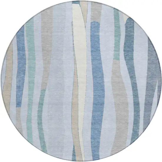 8' Sky Blue Taupe And Ivory Round Striped Washable Indoor Outdoor Area Rug Photo 1