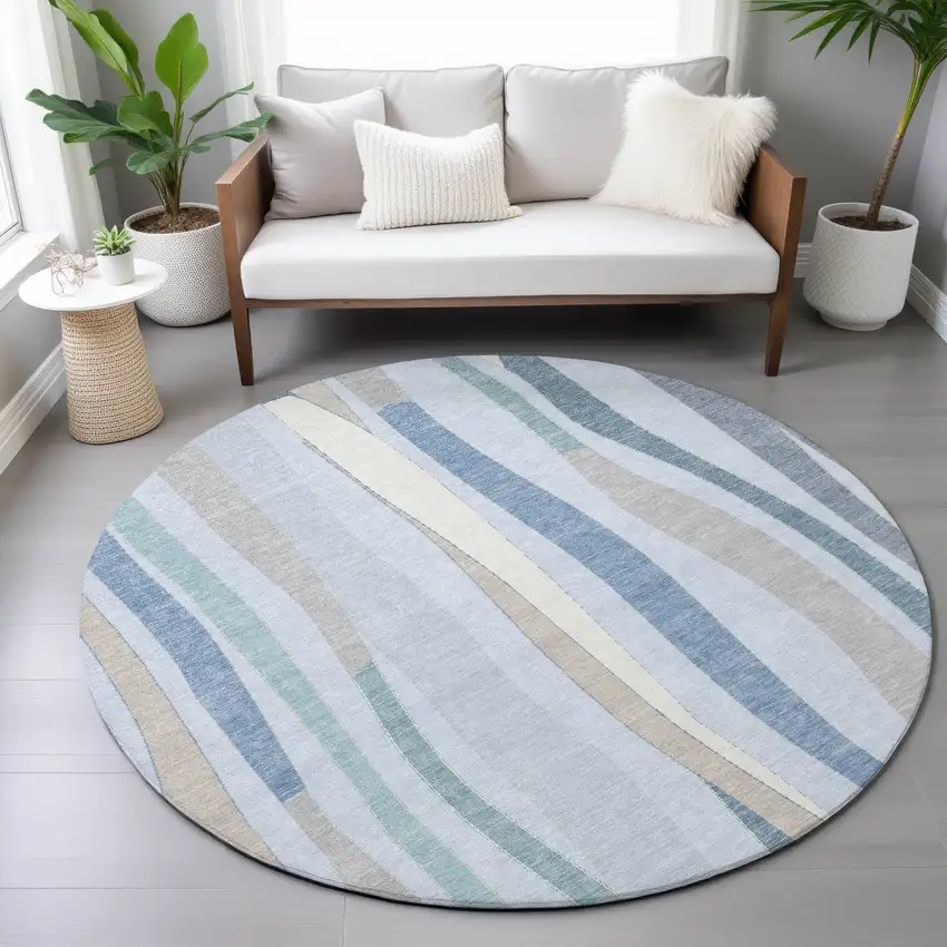 8' Sky Blue Taupe And Ivory Round Striped Washable Indoor Outdoor Area Rug Photo 7