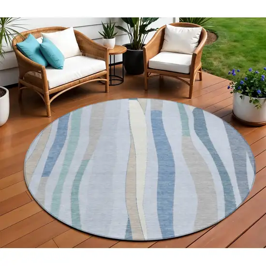 8' Sky Blue Taupe And Ivory Round Striped Washable Indoor Outdoor Area Rug Photo 2