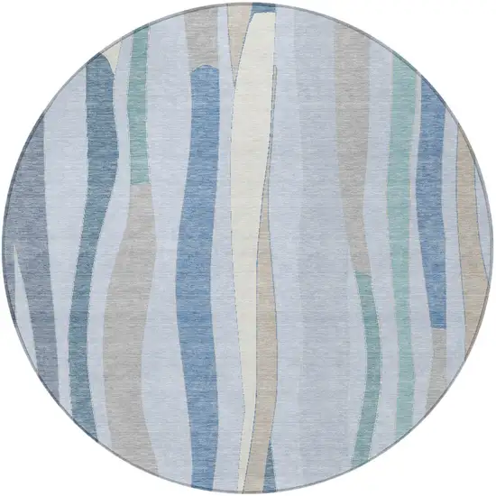 8' Sky Blue Taupe And Ivory Round Striped Washable Indoor Outdoor Area Rug Photo 4