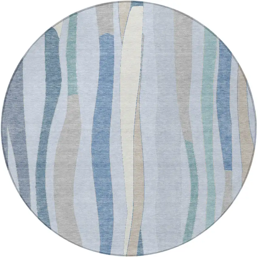8' Sky Blue Taupe And Ivory Round Striped Washable Indoor Outdoor Area Rug Photo 4