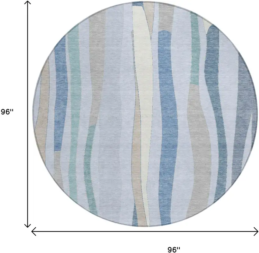 8' Sky Blue Taupe And Ivory Round Striped Washable Indoor Outdoor Area Rug Photo 8