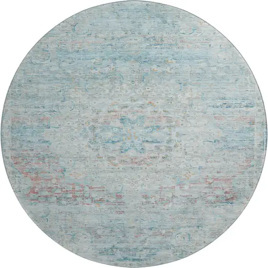 8' Sky Blue Teal And Blush Floral Medallion Washable Round Rug With UV Protection Photo 1