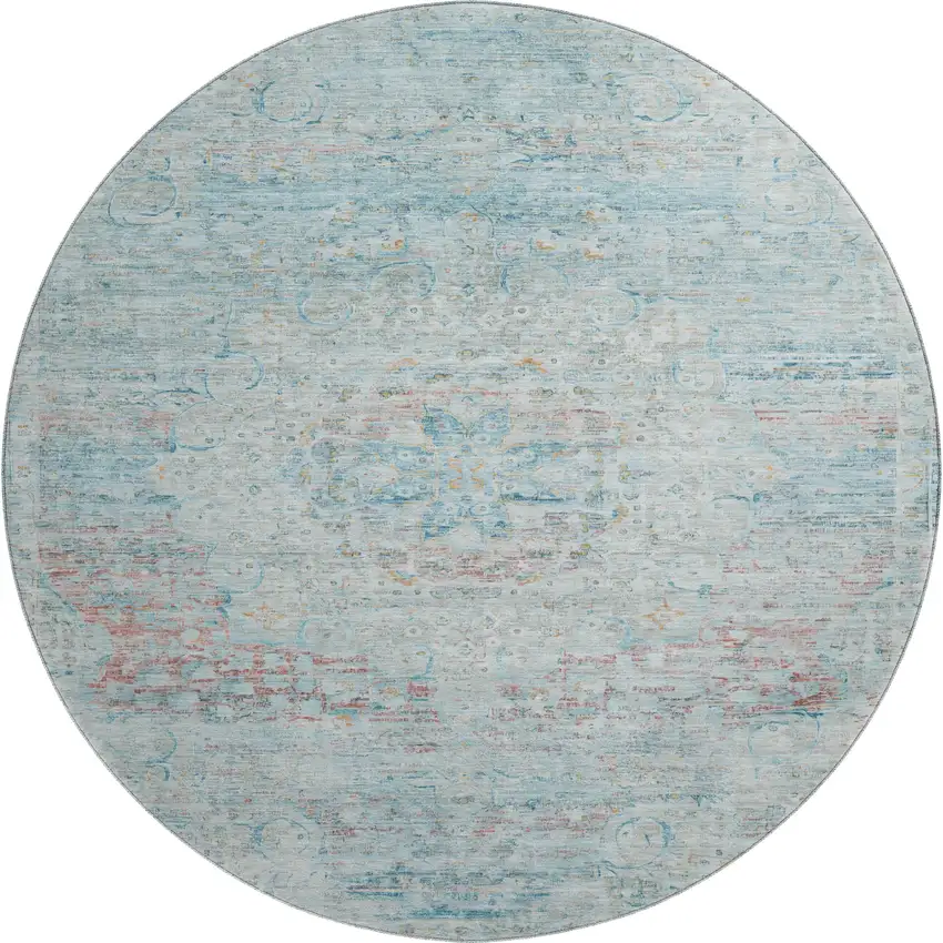 8' Sky Blue Teal And Blush Floral Medallion Washable Round Rug With UV Protection Photo 1