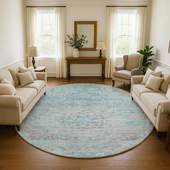 8' Sky Blue Teal And Blush Floral Medallion Washable Round Rug With UV Protection Photo 4