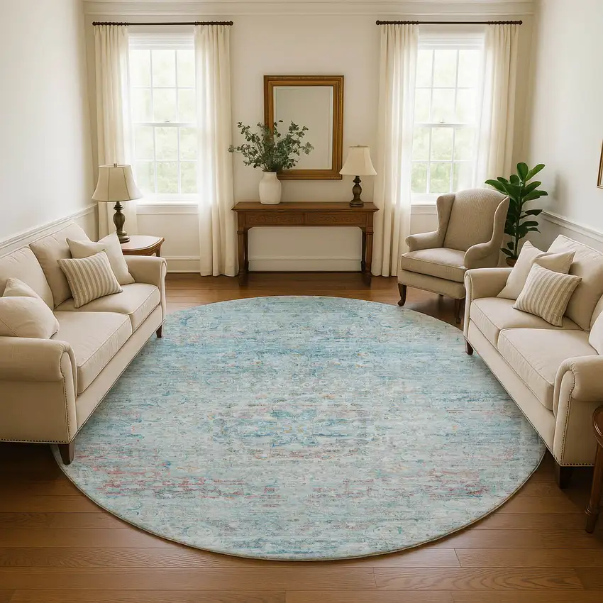 8' Sky Blue Teal And Blush Floral Medallion Washable Round Rug With UV Protection Photo 4