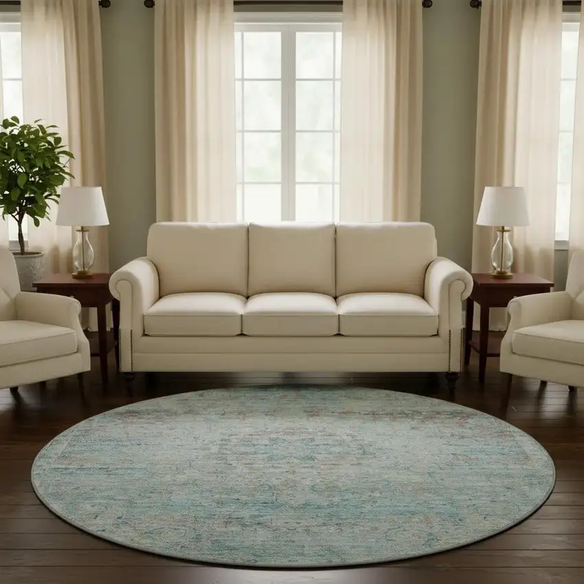 8' Sky Blue Teal And Blush Floral Medallion Washable Round Rug With UV Protection Photo 2