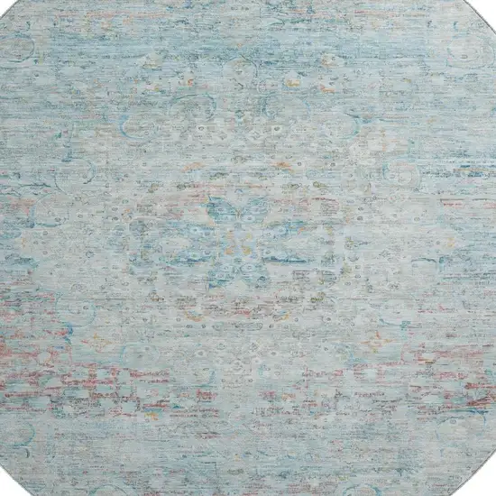 8' Sky Blue Teal And Blush Floral Medallion Washable Round Rug With UV Protection Photo 2