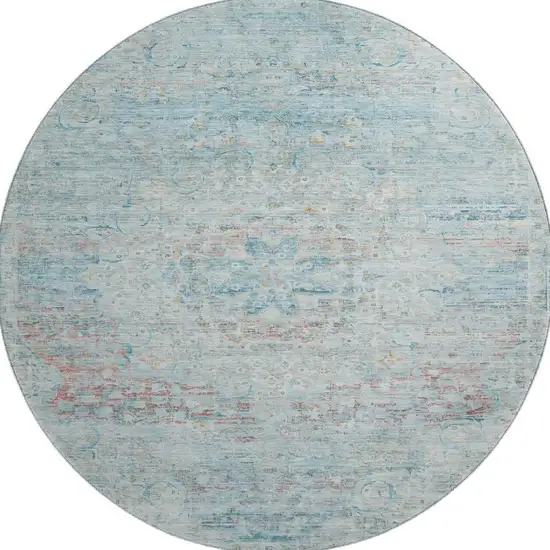 8' Sky Blue Teal And Blush Floral Medallion Washable Round Rug With UV Protection Photo 3