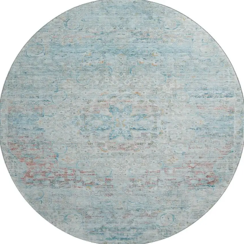 8' Sky Blue Teal And Blush Floral Medallion Washable Round Rug With UV Protection Photo 3