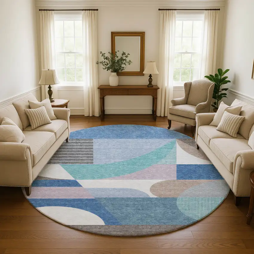 8' Sky Blue Teal And Ivory Geometric Washable Round Rug With UV Protection Photo 4