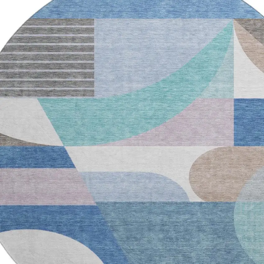 8' Sky Blue Teal And Ivory Geometric Washable Round Rug With UV Protection Photo 2