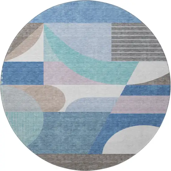 8' Sky Blue Teal And Ivory Geometric Washable Round Rug With UV Protection Photo 3