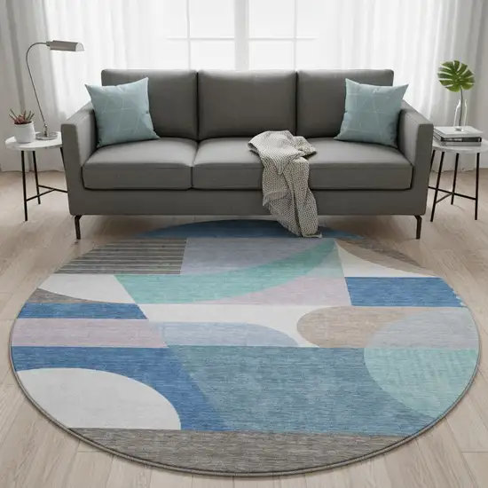 8' Sky Blue Teal And Ivory Geometric Washable Round Rug With UV Protection Photo 2