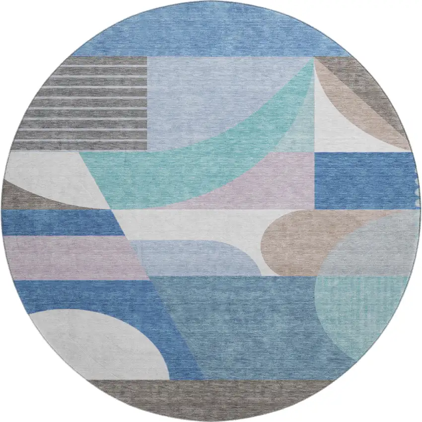8' Sky Blue Teal And Ivory Geometric Washable Round Rug With UV Protection Photo 1