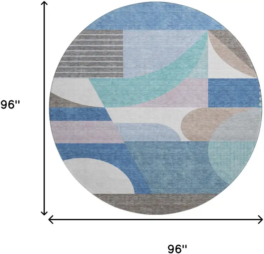 8' Sky Blue Teal And Ivory Geometric Washable Round Rug With UV Protection Photo 9