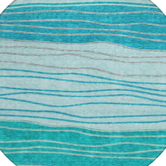 8' Sky Blue Teal Blue And Aqua Round Striped Washable Indoor Outdoor Area Rug Photo 4