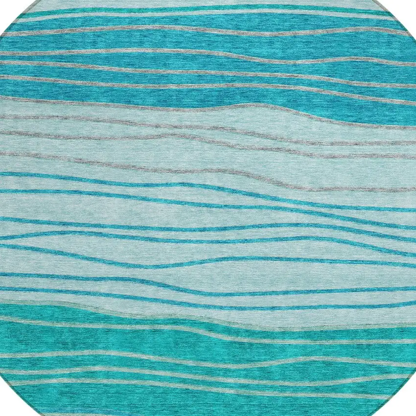 8' Sky Blue Teal Blue And Aqua Round Striped Washable Indoor Outdoor Area Rug Photo 4