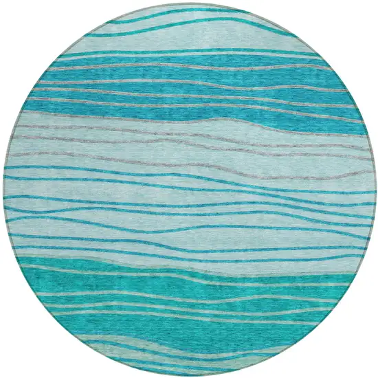 8' Sky Blue Teal Blue And Aqua Round Striped Washable Indoor Outdoor Area Rug Photo 2