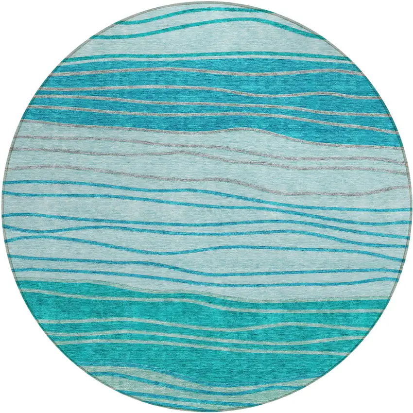 8' Sky Blue Teal Blue And Aqua Round Striped Washable Indoor Outdoor Area Rug Photo 2